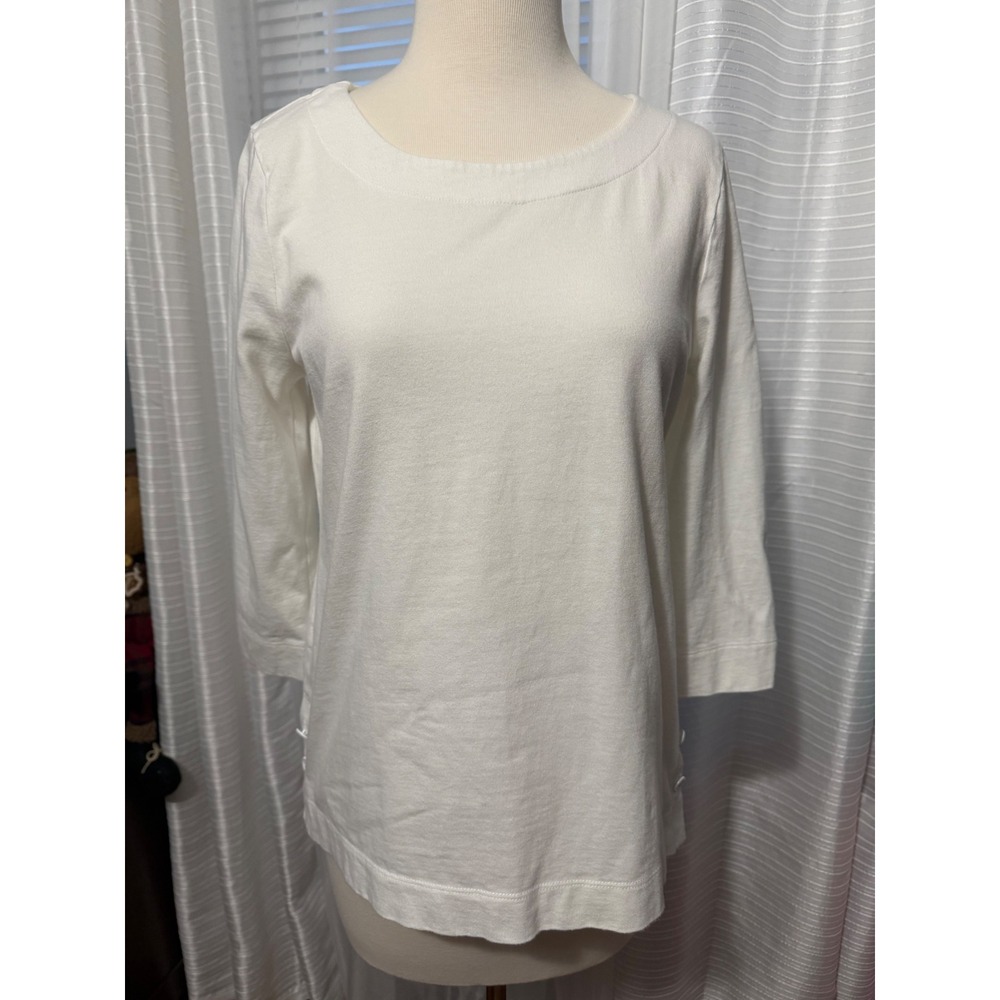 Talbots Petites White 100% Cotton 3/4 Sleeve Anchor‎ Button Tee Top MP